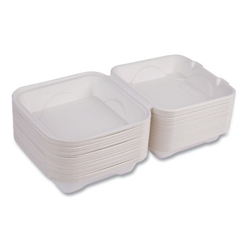 Eco-Products Vanguard 8 in. x 8 in. x 3 in. Compostable Sugarcane Clamshells - White (200/Carton)