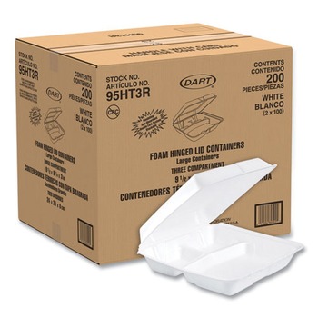 Dart 9.25 in. x 9.5 in. x 3 in. 3-Compartment Foam Hinged Lid Containers - White (200/Carton)