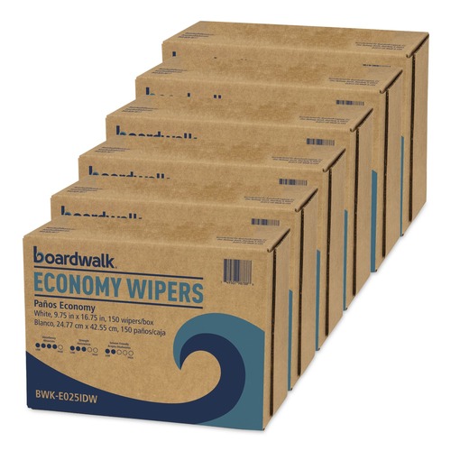 Cleaning & Janitorial Supplies | Boardwalk BWK-E025IDW 4-Ply 9.75 in. x 16.75 in. Scrim Wipers - White (150/Dispenser Pack, 6 Dispenser Packs/Carton) image number 0