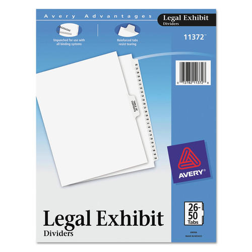 Office Jansan | Avery 11372 11 in. x 8.5 in. 26-Tab Preprinted Legal Exhibit Side 26 to 50 Tab Index Dividers - White (1-Set) image number 0