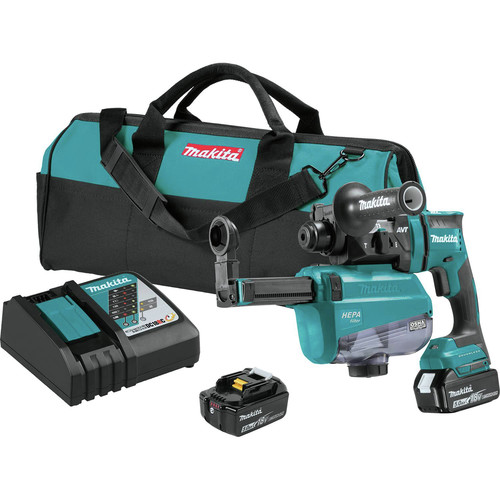 Concrete Dust Collection | Makita XRH12TW 18V LXT Lithium-Ion 5.0 Ah Brushless 11/16 in. AVT SDS-PLUS AWS Capable Rotary Hammer Kit with HEPA Dust Extractor image number 0