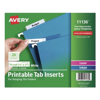 Avery 2 in. Wide 1/5-Cut Tabs Inserts For Hanging File Folders - White (100/Pack)
