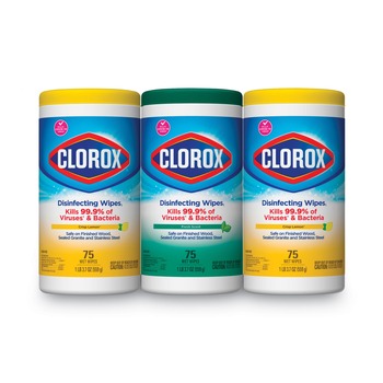 Clorox 7 in. x 8 in. 1-Ply Disinfecting Wipes - Fresh Scent/Citrus Blend, White (75/Canister, 3 Canisters/Pack)
