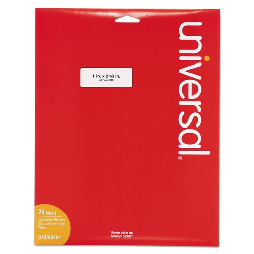 Universal UNV80101 1 in. x 2.63 in., Inkjet/Laser Printers Labels - White (750/Pack) image number 0