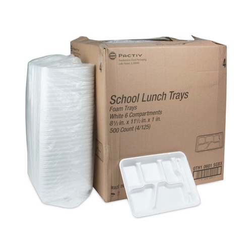 Food Trays, Containers, and Lids | Pactiv Corp. 0TH10601SGBX 8.5 in. x 11.5 in. x 1.25 in. 6-Compartment Foam School Trays - White (500/Carton) image number 0
