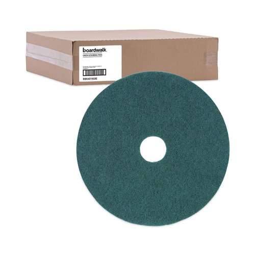 Office Jansan | Boardwalk BWK4019GRE 19 in. Diameter Heavy-Duty Scrubbing Floor Pads - Green (5/Carton) image number 0