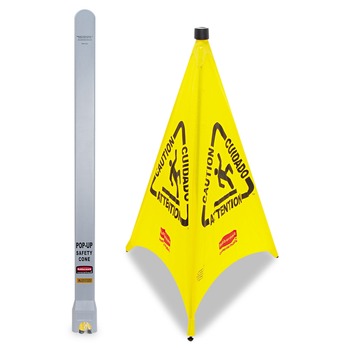 Rubbermaid Commercial 3-Sided Fabric 21 in. x 21 in. x 30 in. Multilingual Pop-Up Wer Floor Safety Cone - Yellow