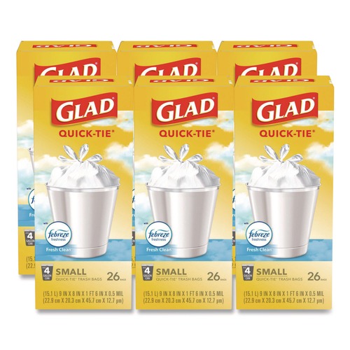 Office Jansan | Glad 78812 OdorShield 8 in. x 18 in. 4 Gallon Tie-Flap Quick-Tie Small Trash Bags - White Febreze Fresh Clean Scent (156/Carton) image number 0