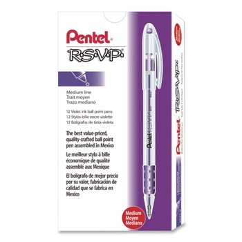 Pentel 1 mm Medium R.S.V.P. Stick Ballpoint Pen - Violet Ink, Clear/Violet Barrel (1-Dozen)