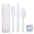 Cutlery | Boardwalk BWKFKTNSMWPSWH Mediumweight Fork/Knife/Napkin/Pepper/Salt/Spoon 6-Piece Plastic Cutlery Kit - White (250/Carton) image number 1