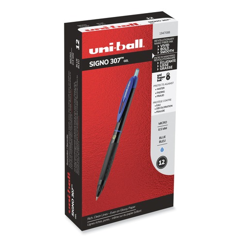 Office Jansan | uni-ball 1947088 Fine 0.5 mm Retractable 307 Gel Pen - Blue Ink, Black Barrel (1 Dozen) image number 0