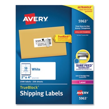 Avery 2 in. x 4 in. Shipping Labels with TrueBlock Technology for Laser Printers - White (10/Sheet, 250 Sheets/Box)