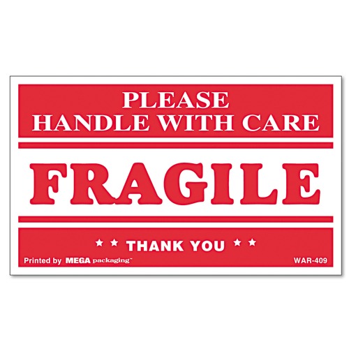 Office Jansan | Universal UNV308383 3 in. x 5 in. Printed Message FRAGILE Handle with Care Self-Adhesive Shipping Labels - Red/Clear (1-Roll) image number 0