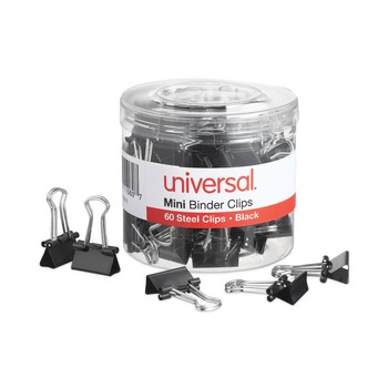 Universal UNV11060 Mini Binder Clips in Dispenser Tub - Black/Silver (60/Pack)