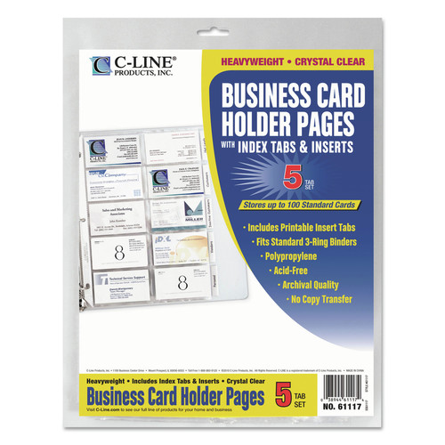 C-Line 61117 Tabbed Business Card Binder Pages, For 2 X 3.5 Cards, Clear, 20 Cards/sheet, 5 Sheets/pack image number 0