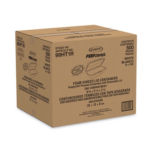 Food Trays, Containers, and Lids | Dart 99HT1R 5.3 in. x 9.8 in. x 3.3 in. Foam Hinged Lid Hoagie Container with Removable Lid - White (500/Carton) image number 0