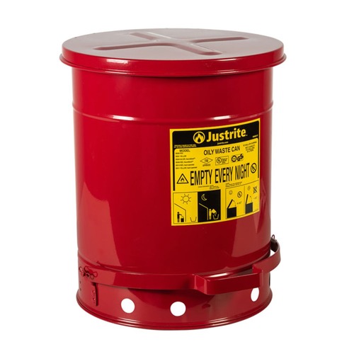 Trash & Waste Bins | Justrite 09300 10 Gallon Hands-Free Self-Closing Cover Oily Waste Can - Red image number 0