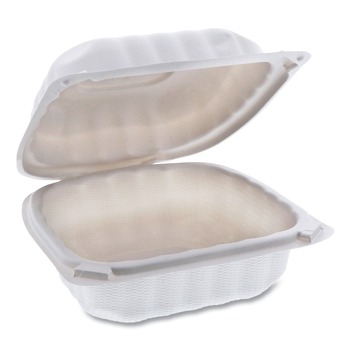 FOOD TRAYS CONTAINERS LIDS | Pactiv Corp. YCN806000000 EarthChoice 6 in. x 6 in. x 3.1 in. Microwaveable Hinged Lid Containers - White (400/Carton)