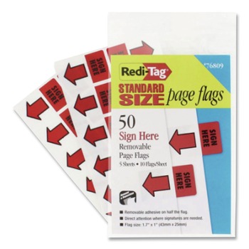 Redi-Tag Sign Here Removable/Reusable Page Flags - Red (50/Pack)