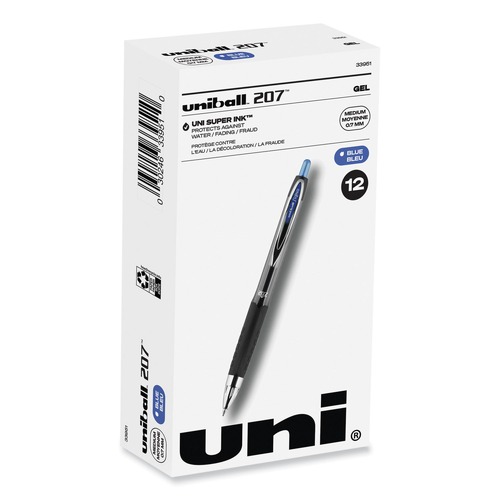 Office Jansan | uni-ball 33951 Medium 0.7 mm Blue Ink Signo 207 Gel Pen Retractable - Smoke/Black/Blue Barrel (1 Dozen) image number 0