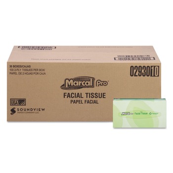Marcal PRO 2930 Septic Safe, 2-Ply, 100% Recycled Convenience Pack Facial Tissue - White (100 Sheets/Box, 30 Boxes/Carton)