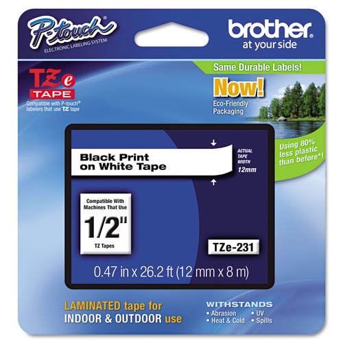 Office Jansan | Brother P-Touch TZE231G 0.47 in. x 26.2 ft. TZE Standard Adhesive Laminated Labeling Tape - Black on White image number 0
