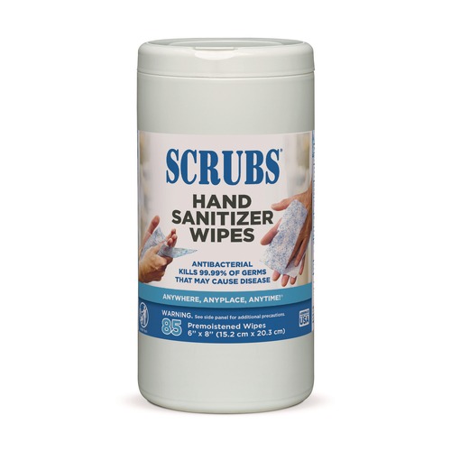 Hand Wipes | SCRUBS 90985 1 Ply 6 in. x 8 in. Unscented Hand Sanitizer Wipes - Blue/White, (85/Canisters, 6 Canisters/Carton) image number 0