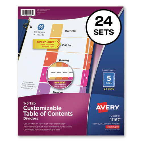 Office Jansan | Avery 11167 11 x 8.5 Customizable TOC Ready Uncollated Index Multicolor 5-Tab Dividers - White (24/Box) image number 0