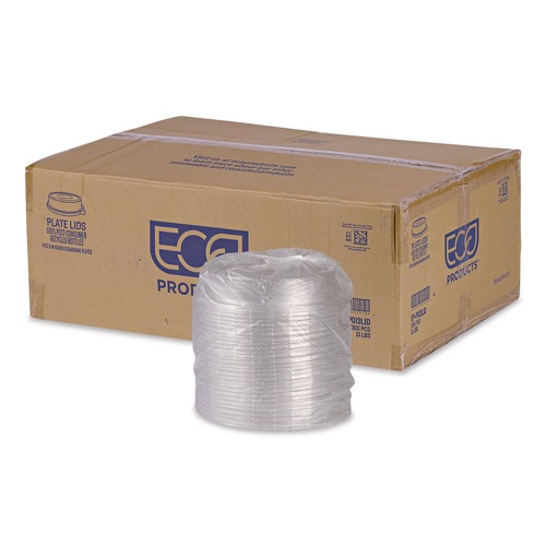 Food Trays, Containers, and Lids | Eco-Products EP-P013LID 9 in. x 1.5 in. 100 Percent Recycled Content Round Plastic Plate Lids - Clear (300/Carton) image number 0