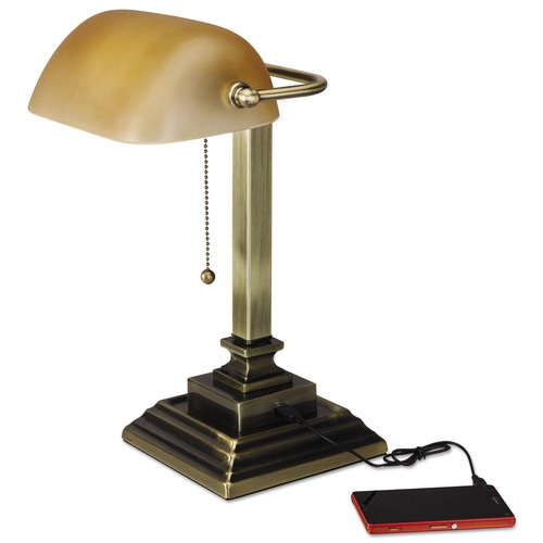 Mothers Day Sale! Save an Extra 10% off your order | Alera ALELMP517AB 10 in. x 10 in. x 15 in. Traditional Banker's Lamp with USB - Antique Brass image number 0