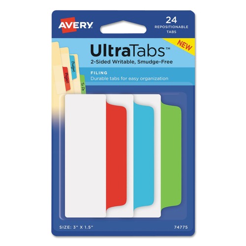  | Avery 74775 Ultra Tabs 3 in. x 1.5 in. 1/3-Cut Repositionable Wide and Slim Tabs - Assorted (1-Set) image number 0