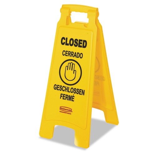  | Rubbermaid Commercial FG611278YEL 11 in. x 12 in. x 25 in. 2-Sided Multilingual "Closed" Sign - Yellow image number 0
