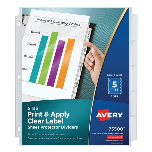Office Jansan | Avery 75500 Print and Apply Index Maker 11 in. x 8.5 in. Clear Label Sheet Protector Dividers with 5 White Tabs (1/Set) image number 0