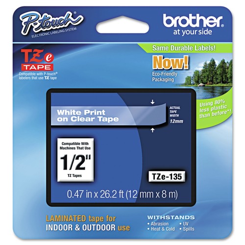 Bulk Savings Pricing 2 | Brother P-Touch TZE135 TZe 0.47 in. x 26.2 ft. Standard Adhesive Laminated Labeling Tape - White on Clear image number 0