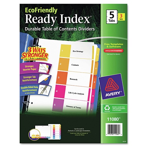 Office Jansan | Avery 11080 11 in. x 8.5 in. 5-Tab 1 to 5 Customizable Table of Contents Ready Index Dividers with Multicolor Tabs - White (3 Sets/Pack) image number 0