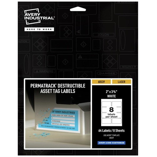 Mothers Day Sale! Save an Extra 10% off your order | Avery 60539 2 in. x 3.75 in. PermaTrack Destructible Asset Tag Labels - White (8/Sheet, 8 Sheets/Pack) image number 0