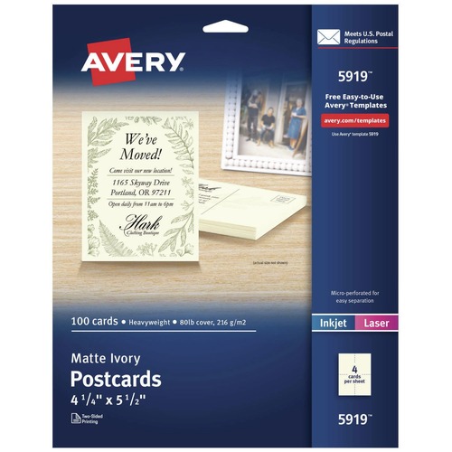 Office Jansan | Avery 05919 80 lbs. 4.25 in. x 5.5 in. Printable Postcards for Inkjet/Laser Printers - Matte Ivory (100 Cards, 4 Cards/Sheet, 25 Sheets/Pack) image number 0