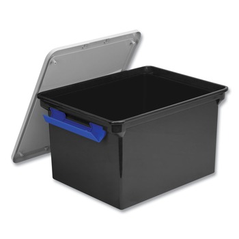 Storex 13.9 in. x 18.3 in. x 10.6 in. Legal/Letter Tote with Locking Handles - Black/Silver/Blue (4/Carton)
