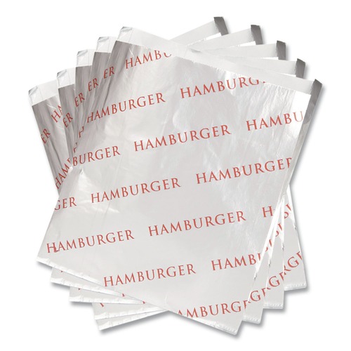Food Trays, Containers, and Lids | Bagcraft 300527 6 in. x 6.5 in. Foil Single-Serve Bags - Silver, Hamburger Design (1000/Carton) image number 0