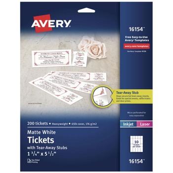Avery AVE16154 8.5 in. x 11 in. 65 lbs. Cover Weight 97 Bright Printable Tickets w/Tear-Away Stubs - White (200/Pack)