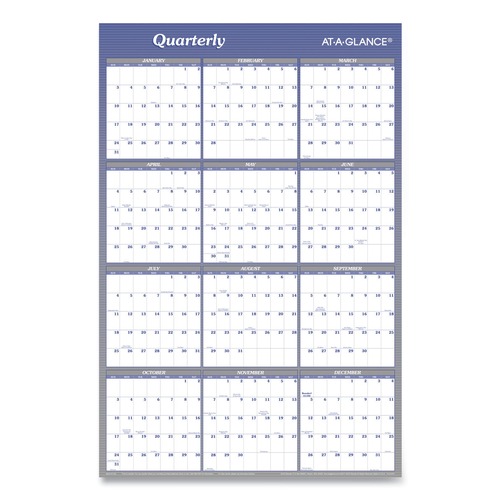 Bulletin Boards | AT-A-GLANCE A1102 12-Month: Jan 2026 to Dec 2026 24 in. x 36 in. Vertical/Horizontal Erasable Quarterly/Monthly Wall Planner - White/Blue Sheets image number 0