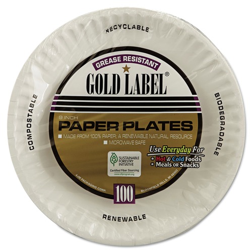  | AJM Packaging Corporation AJM CP9GOEWH 9 in. Gold Label Coated Paper Plates - White (100/Pack, 10 Packs/Carton) image number 0