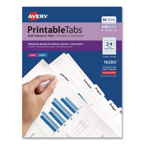 Office Jansan | Avery 16280 1.25 in. Wide 1/5-Cut Printable Plastic Tabs with Repositionable Adhesive - White (96/Pack) image number 0