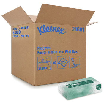 Kleenex 21601 Naturals 2-Ply Flat Box 8.3 in. x 7.8 in. Facial Tissues - White (48 Boxes/Carton, 125 Sheets/Box)