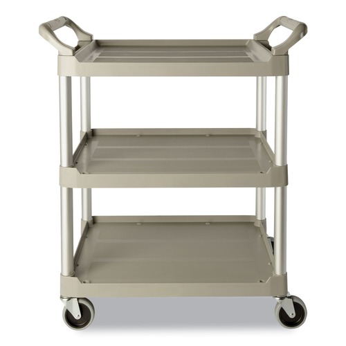 Utility Carts | Rubbermaid Commercial FG342488PLAT Economy 3-Shelf Plastic Cart - Platinum image number 0