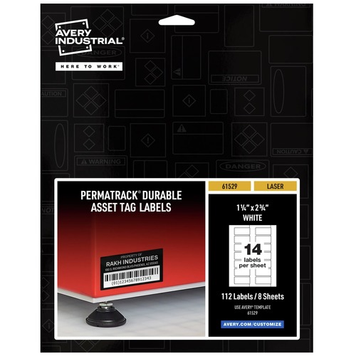  | Avery 61529 PermaTrack Durable 1.25 in. x 2.75 in. Asset Tag Labels - White (14/Sheet, 8 Sheets/Pack) image number 0