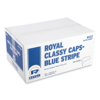 AmerCareRoyal Adjustable Crepe Paper Classy Cap - One Size Fits All/White/Blue Stripe (1000/Carton)