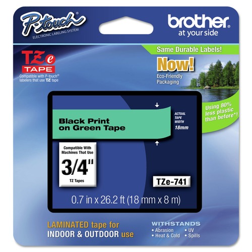 Bulk Savings Pricing 2 | Brother P-Touch TZE741 0.7 in. x 26.2 ft. TZe Standard Adhesive Laminated Labeling Tape - Black on Green image number 0