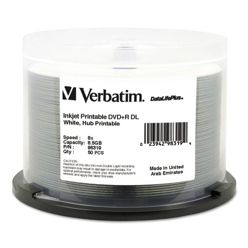 Office Jansan | Verbatim 98319 Dvdplusr Dual Layer Recordable Disc, 8.5gb, 8x, Printable, Spindle (50/Pack) image number 0