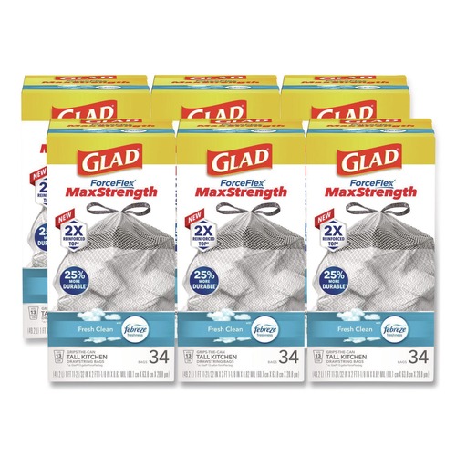 Cleaning & Janitorial Supplies | Glad 70320 ForceFlex MaxStrength 24 in. x 28 in. 13 Gallon Tall Kitchen Drawstring Trash Bags - Fresh Clean Scent/White (204/Carton) image number 0